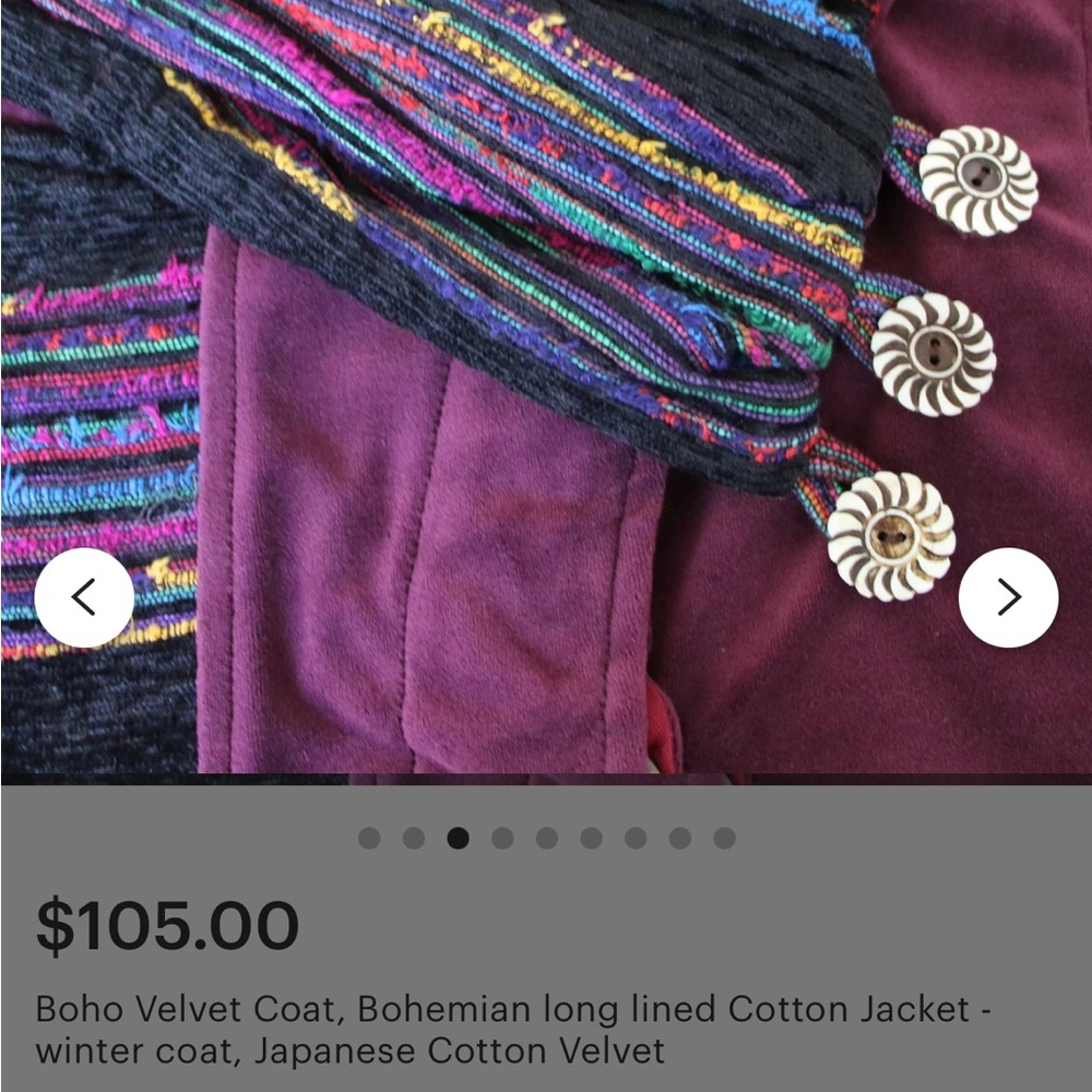 Boho Velvet Coat, Bohemian long lined Cotton Jacket - Picture 3 of 4